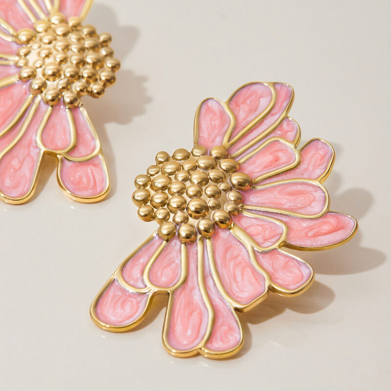 18K Gold Pink Flower Earrings Enamel Drop Romantic Jewelry - Image 2