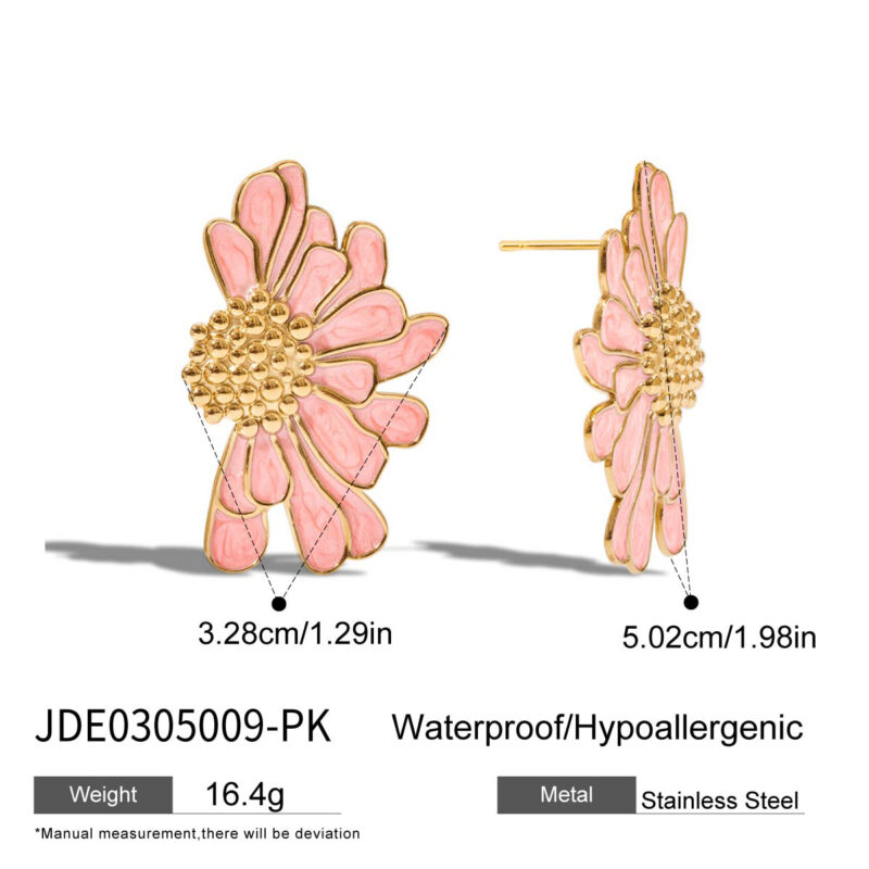 18K Gold Pink Flower Earrings Enamel Drop Romantic Jewelry - Image 5