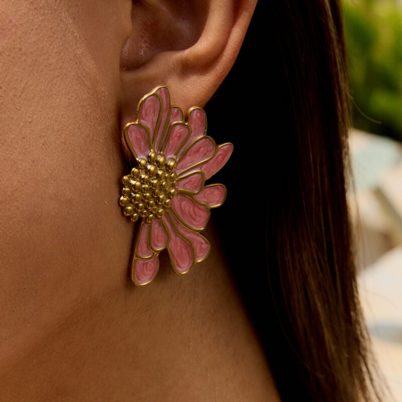 18K Gold Pink Flower Earrings Enamel Drop Romantic Jewelry - Image 3