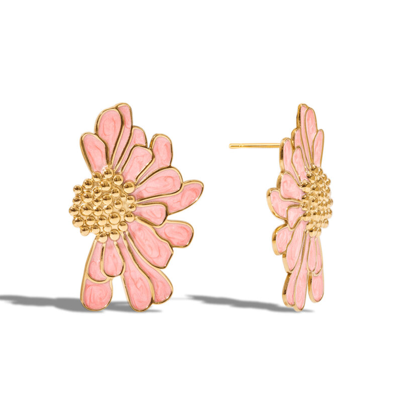 18K Gold Pink Flower Earrings Enamel Drop Romantic Jewelry