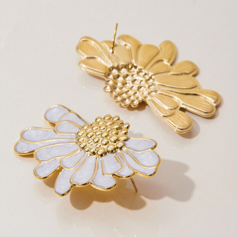 18K Gold White Flower Earrings Enamel Drop Romantic Jewelry - Image 2