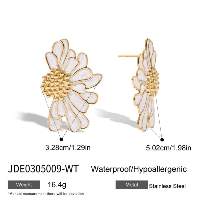 18K Gold White Flower Earrings Enamel Drop Romantic Jewelry - Image 5
