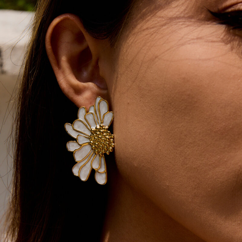 18K Gold White Flower Earrings Enamel Drop Romantic Jewelry - Image 3