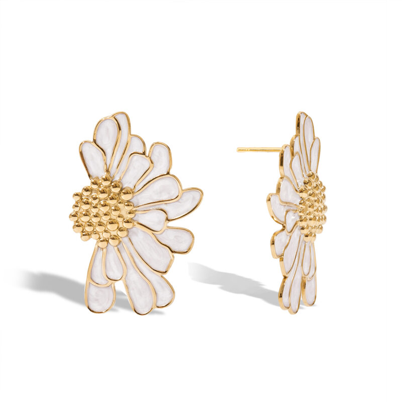 18K Gold White Flower Earrings Enamel Drop Romantic Jewelry