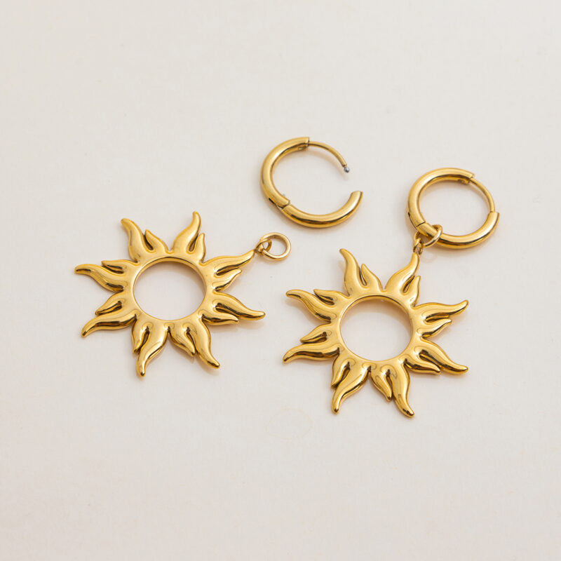 18K Gold Sun Drop Earrings Hollow Vintage Stainless Steel - Image 2