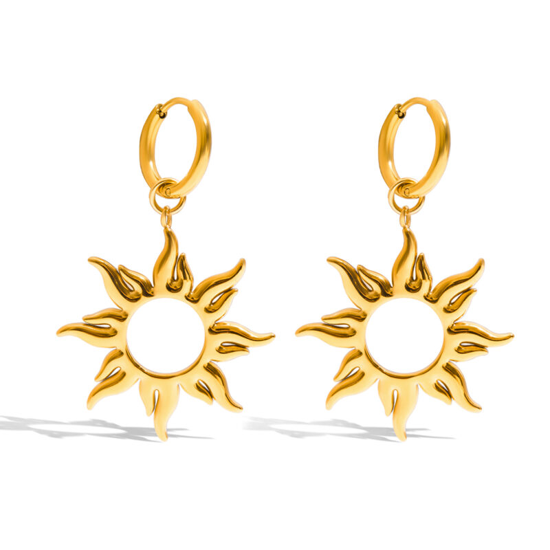18K Gold Sun Drop Earrings Hollow Vintage Stainless Steel