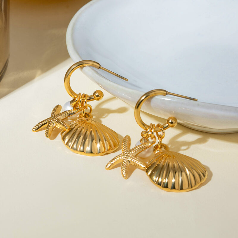 18K Gold Starfish Earrings Shell Pearl Ocean Inspired Design - Image 2