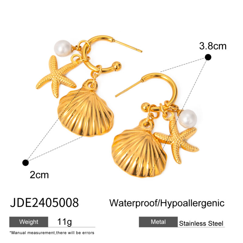 18K Gold Starfish Earrings Shell Pearl Ocean Inspired Design - Image 4