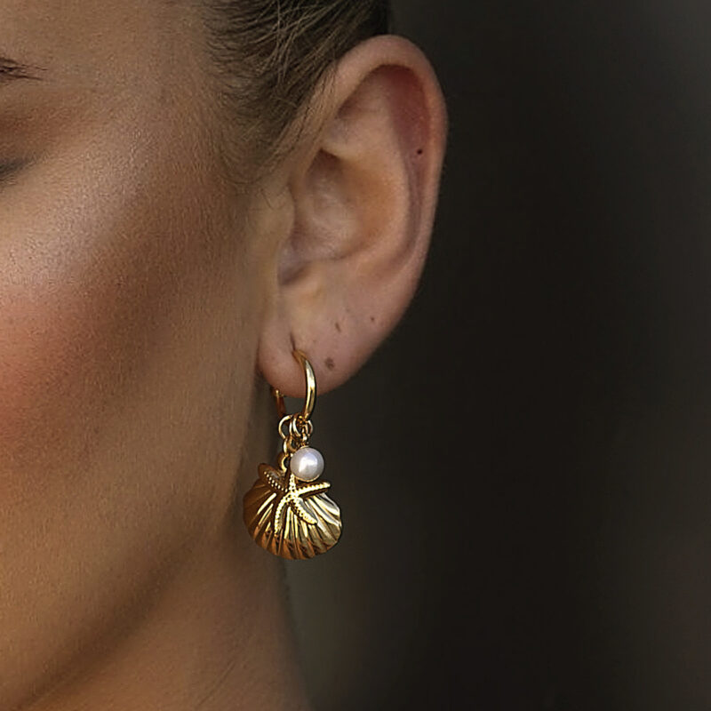 18K Gold Starfish Earrings Shell Pearl Ocean Inspired Design - Image 3