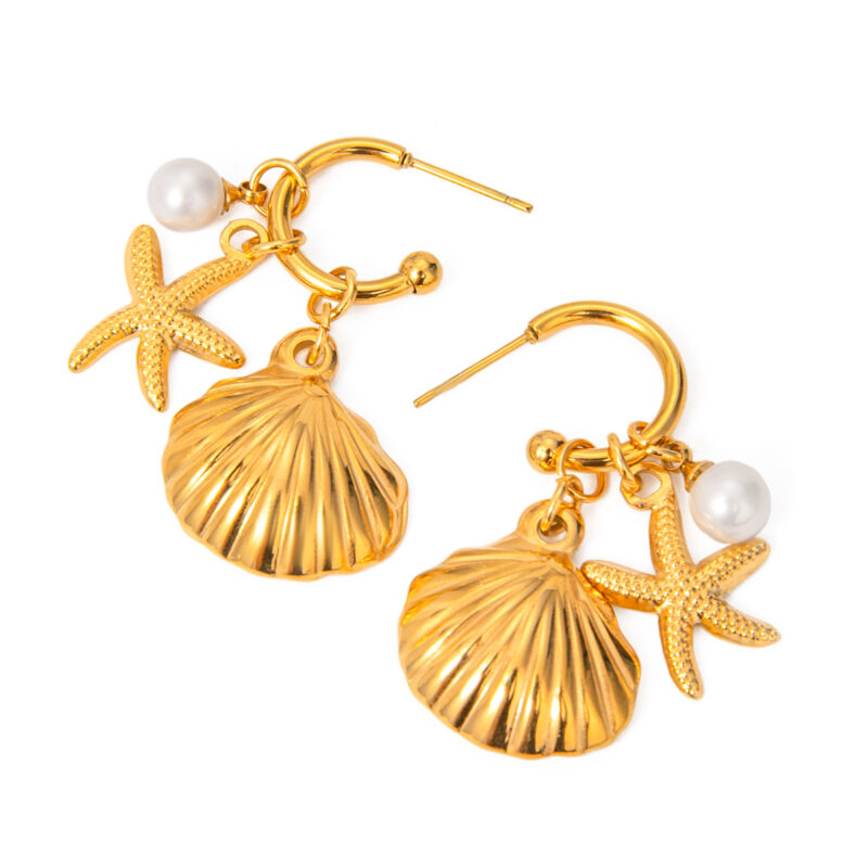 18K Gold Starfish Earrings Shell Pearl Ocean Inspired Design