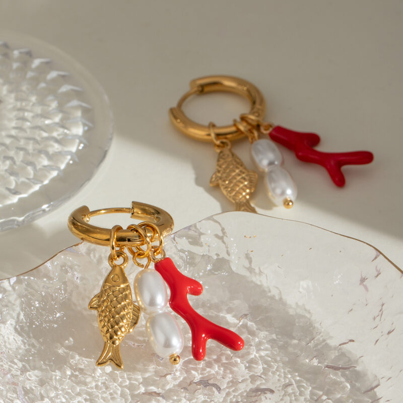 18K Gold Fish Earrings Coral Pearl Enamel Drop Design - Image 2