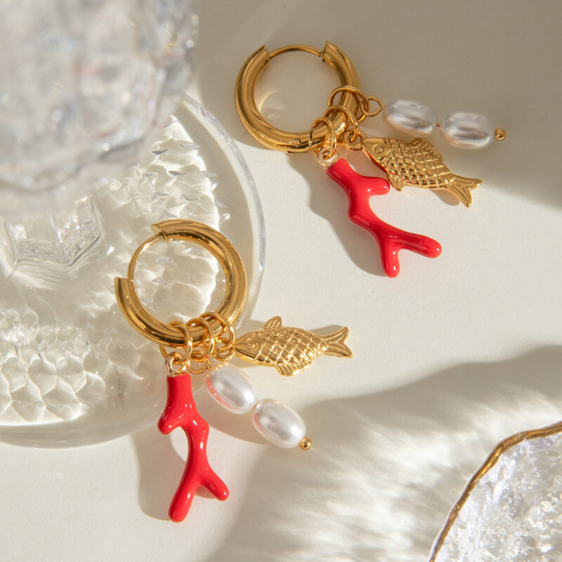 18K Gold Fish Earrings Coral Pearl Enamel Drop Design - Image 3