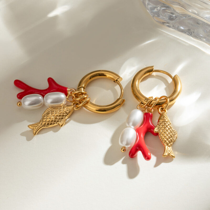 18K Gold Fish Earrings Coral Pearl Enamel Drop Design - Image 4