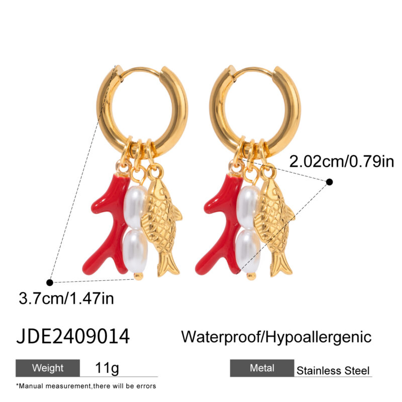 18K Gold Fish Earrings Coral Pearl Enamel Drop Design - Image 5
