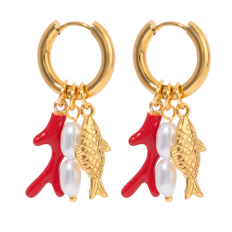 18K Gold Fish Earrings Coral Pearl Enamel Drop Design
