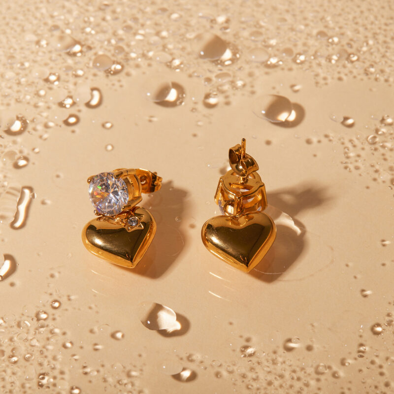 18K Gold Stainless Steel Heart-Shaped Zircon Drop Earrings - Image 2
