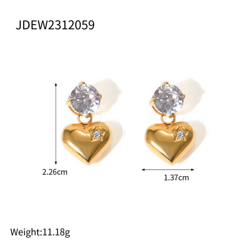 18K Gold Stainless Steel Heart-Shaped Zircon Drop Earrings - Image 5