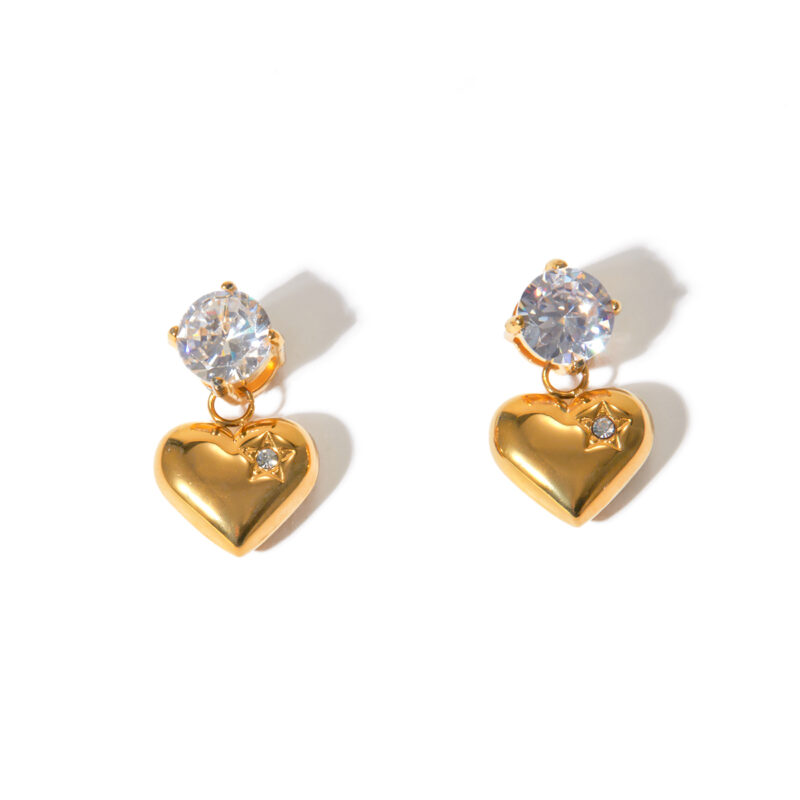 18K Gold Stainless Steel Heart-Shaped Zircon Drop Earrings