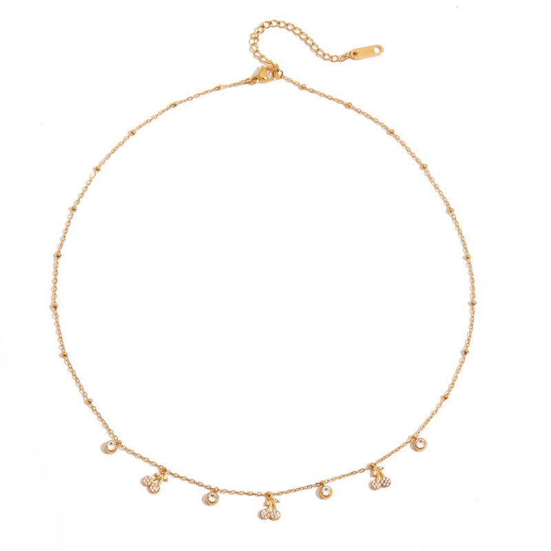 18K Gold Cherry Necklace White Crystal Pendant Sweet Style