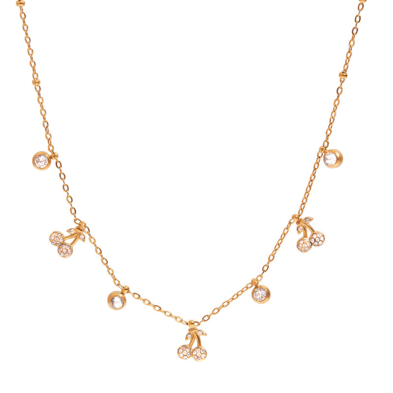 18K Gold Cherry Necklace White Crystal Pendant Sweet Style - Image 2