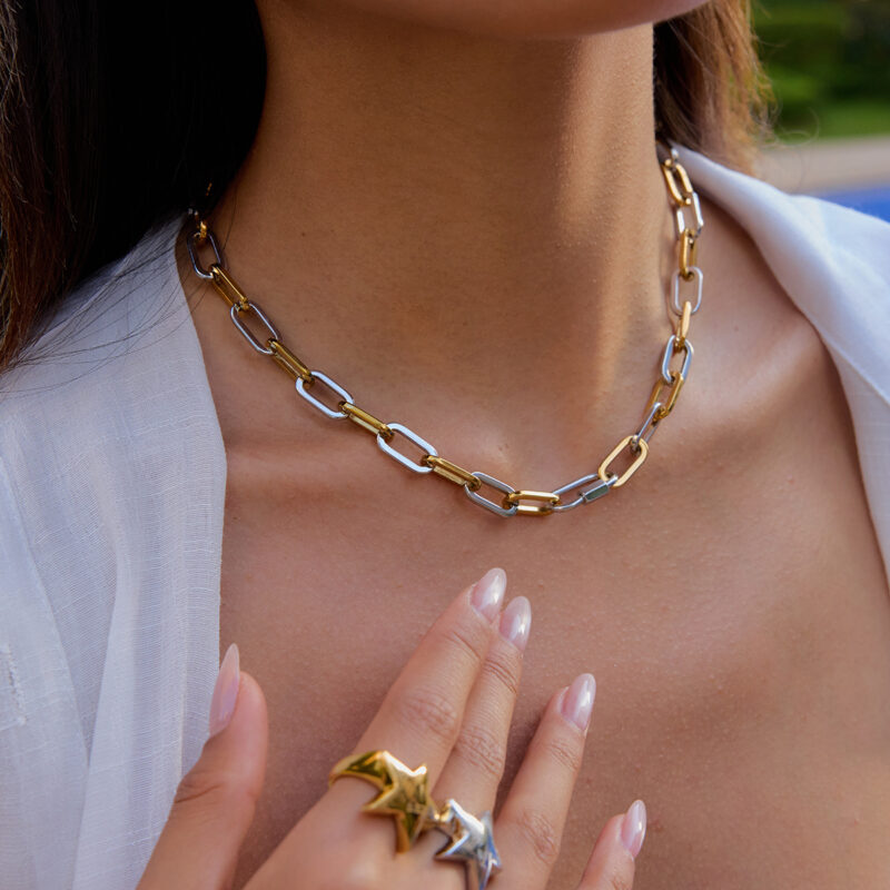 18K Gold Silver Paperclip Necklace Two Tone Clasp Design - Image 3