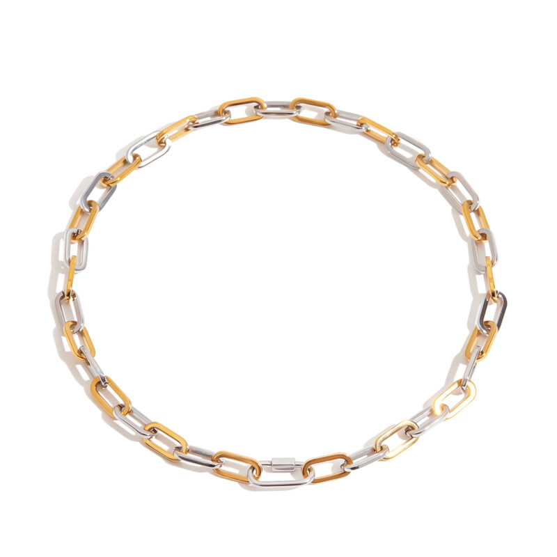 18K Gold Silver Paperclip Necklace Two Tone Clasp Design