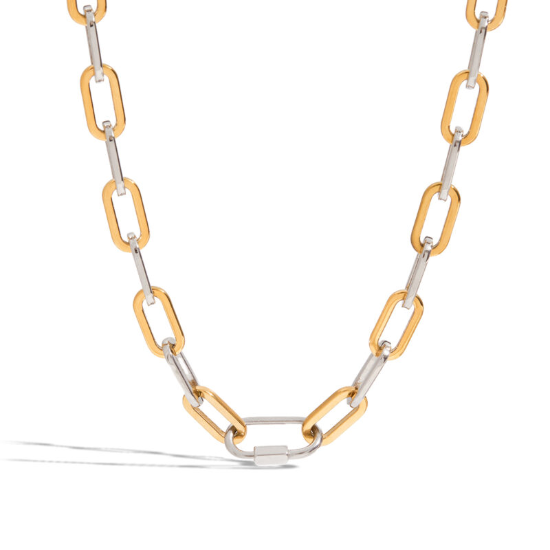 18K Gold Silver Paperclip Necklace Two Tone Clasp Design - Image 2