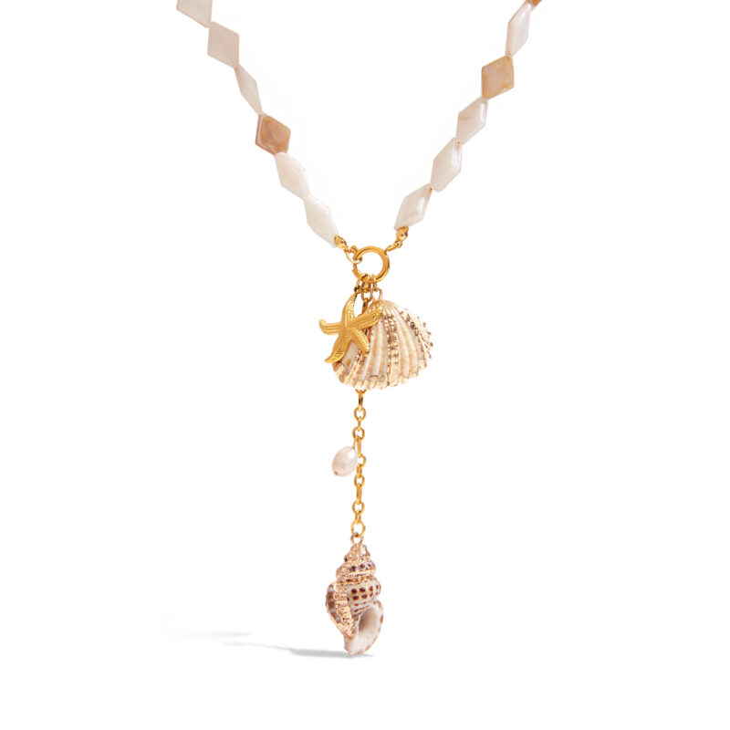 18K Gold Pearl Necklace Shell Starfish Conch Ocean Pendant - Image 2