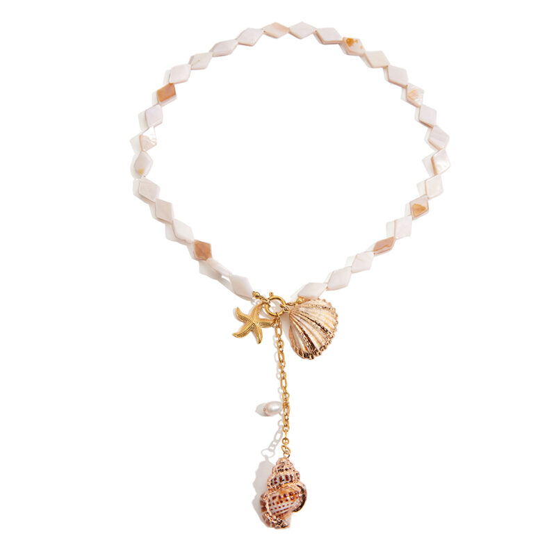 18K Gold Pearl Necklace Shell Starfish Conch Ocean Pendant