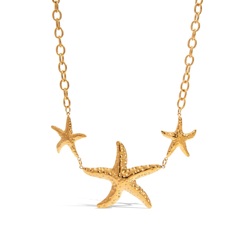 18K Gold Starfish Necklace Hammered Texture Ocean Style - Image 2