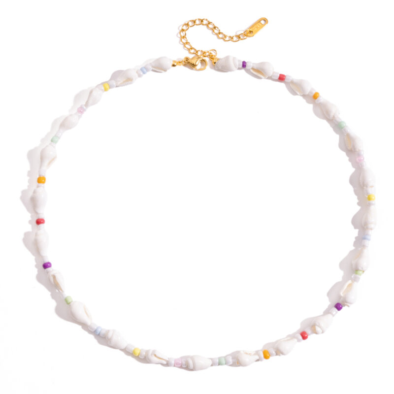 18K Gold Shell Beaded Necklace Colorful Vacation Jewelry