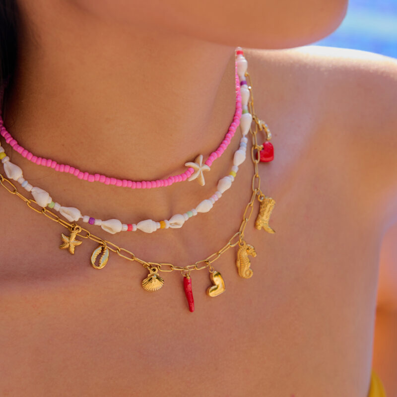 18K Gold Shell Beaded Necklace Colorful Vacation Jewelry - Image 4