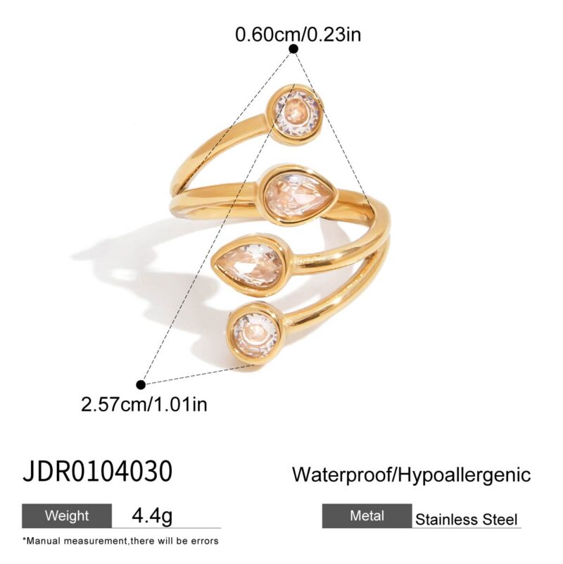18K Gold Zircon Ring Teardrop Round Minimalist Open Design - Image 5