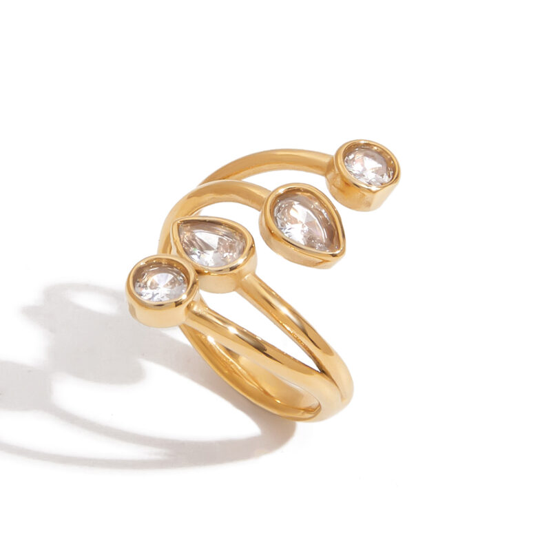 18K Gold Zircon Ring Teardrop Round Minimalist Open Design - Image 2