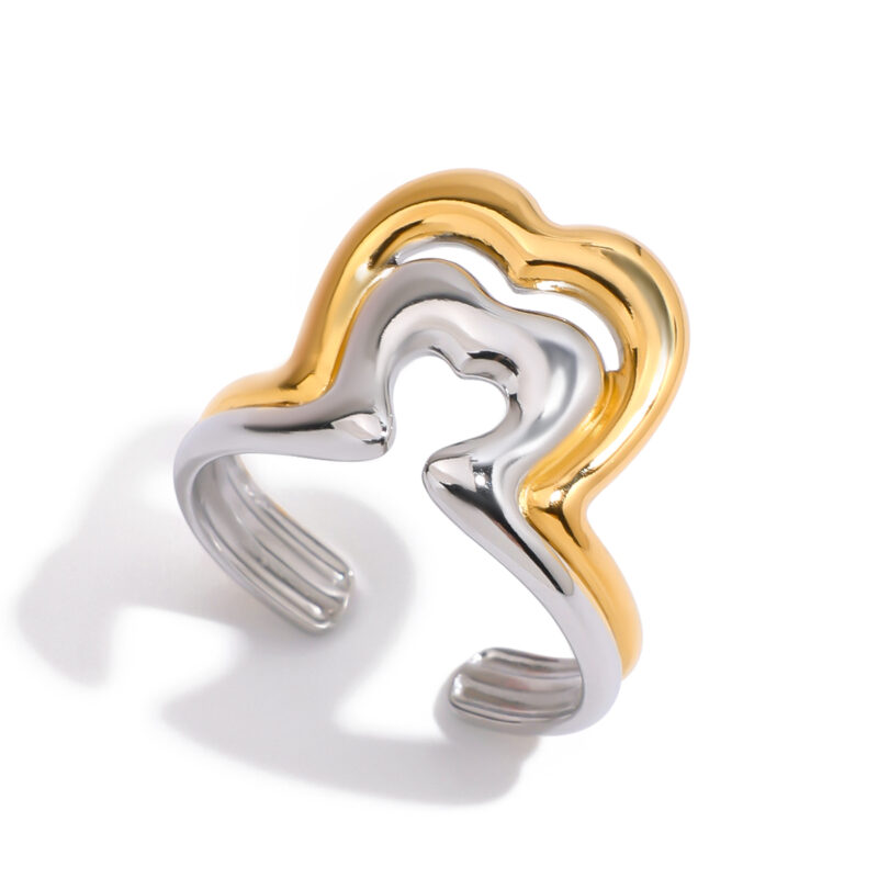 18K Gold Heart Ring Two Tone Cutout Adjustable Romantic Style