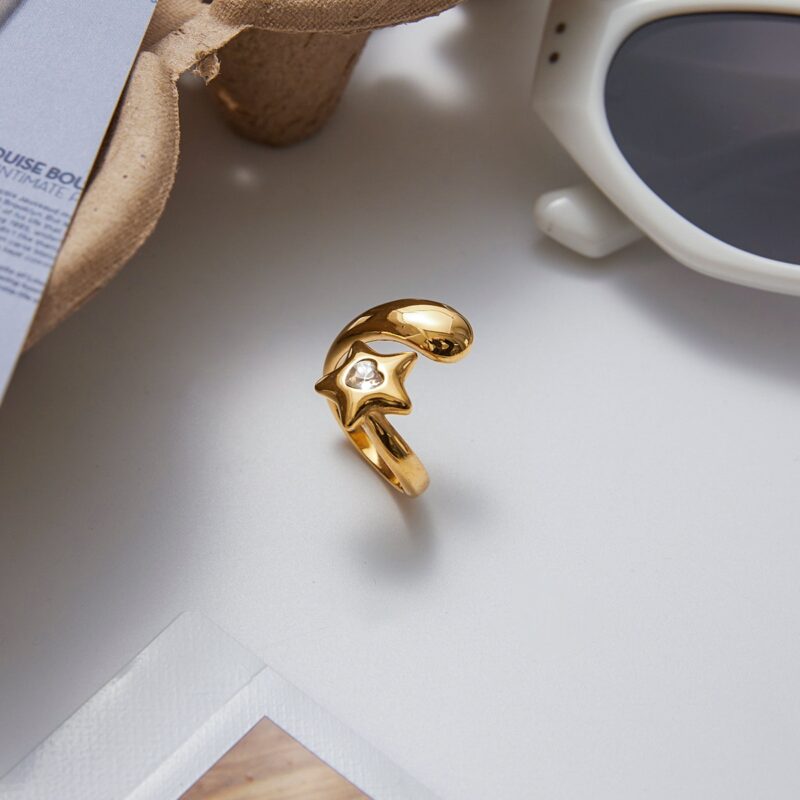 18K Gold Stainless Steel Open Ring with Zircon Heart & Shooting Star - Image 4