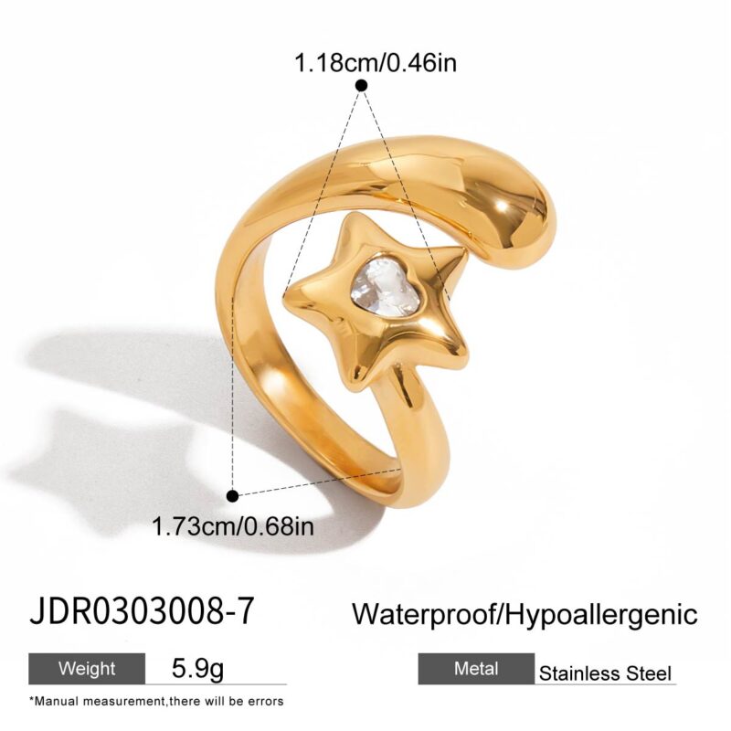 18K Gold Stainless Steel Open Ring with Zircon Heart & Shooting Star - Image 5