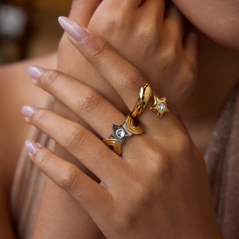 18K Gold Stainless Steel Open Ring with Zircon Heart & Shooting Star - Image 3