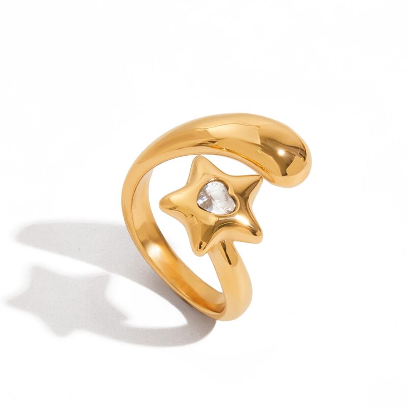 18K Gold Stainless Steel Open Ring with Zircon Heart & Shooting Star