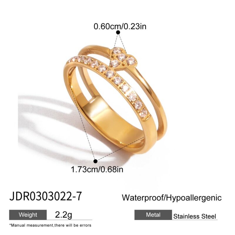 18K Gold Heart Ring White Zircon Double Layer Cutout Style - Image 2