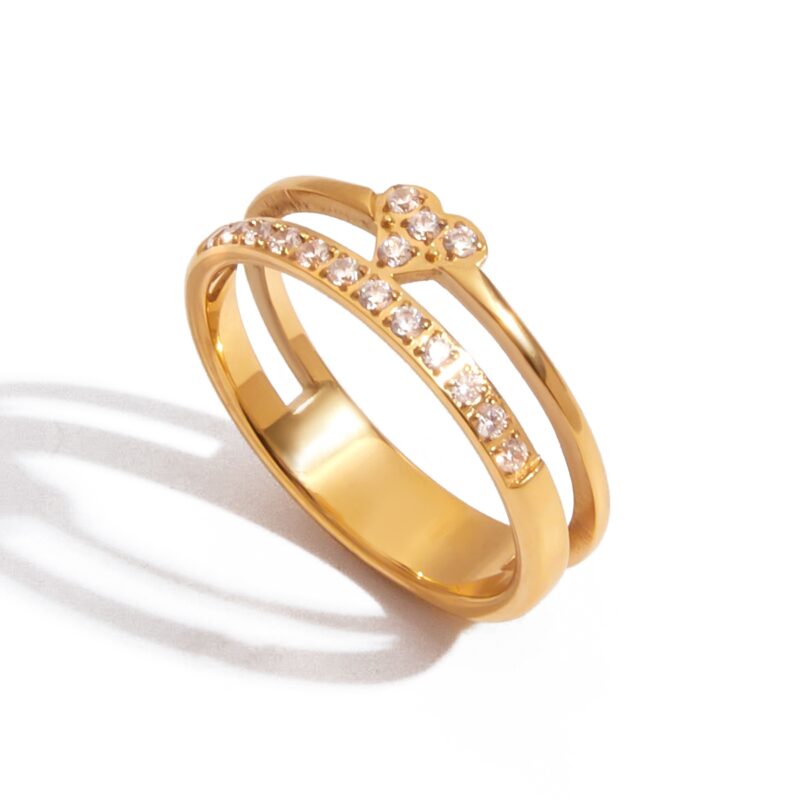18K Gold Heart Ring White Zircon Double Layer Cutout Style