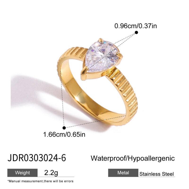 18K Gold Ring Teardrop White Zircon Textured Band Style - Image 8
