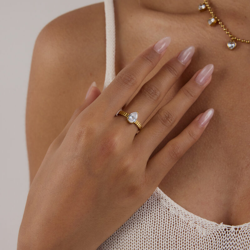 18K Gold Ring Teardrop White Zircon Textured Band Style - Image 6