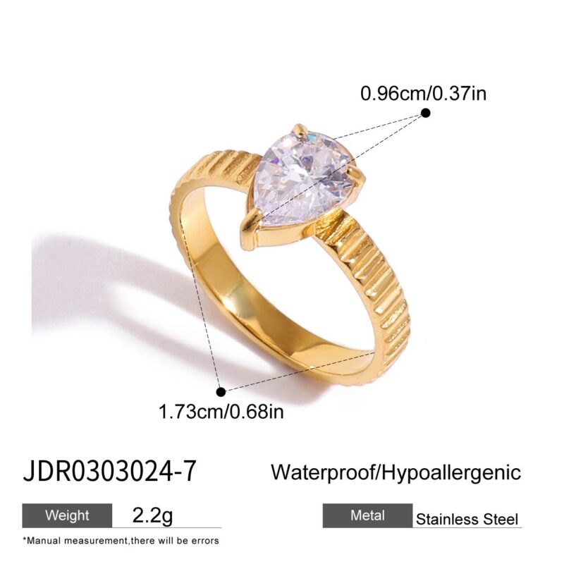 18K Gold Ring Teardrop White Zircon Textured Band Style - Image 7