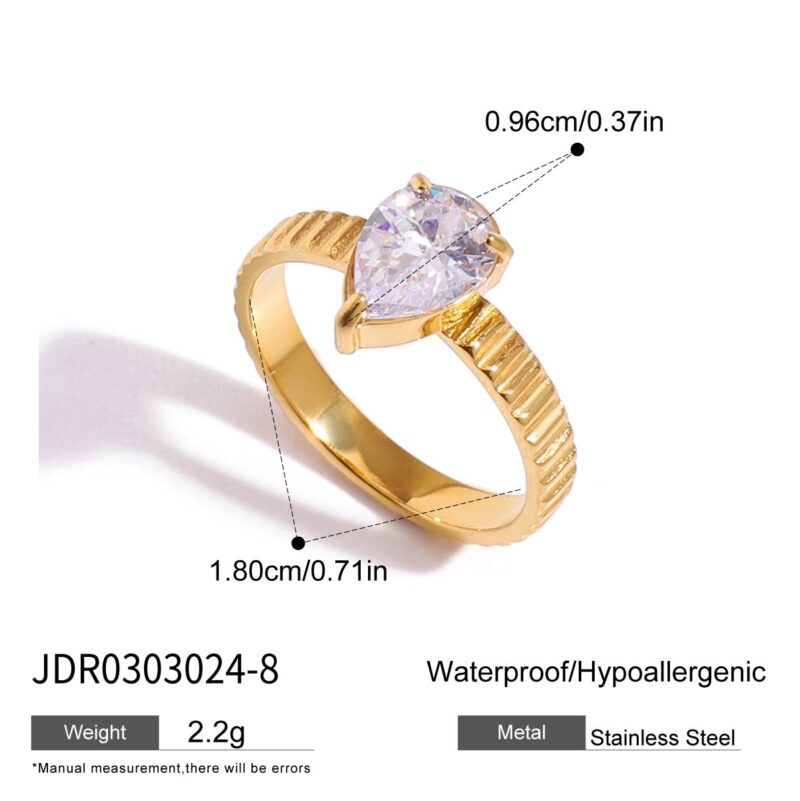 18K Gold Ring Teardrop White Zircon Textured Band Style - Image 9