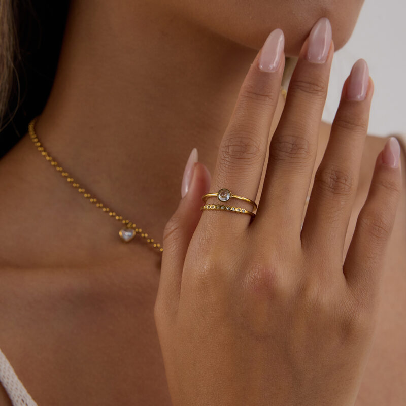 18K Gold Ring White Zircon Double Layer Cutout Band - Image 2