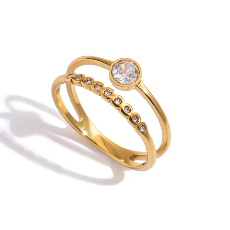 18K Gold Ring White Zircon Double Layer Cutout Band