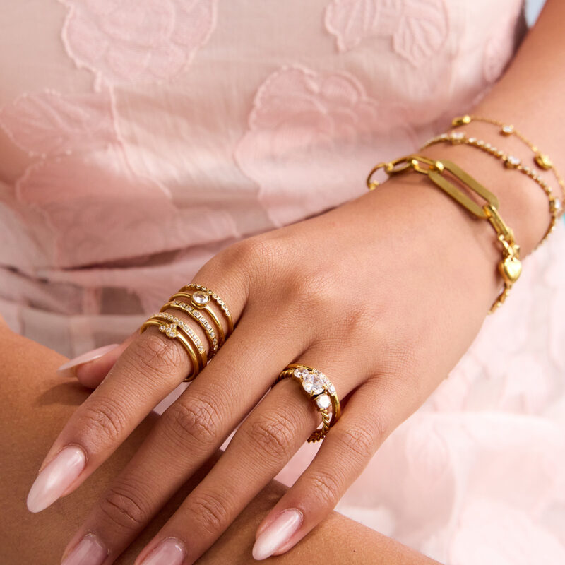 18K Gold Ring White Zircon Double Layer Cutout Band - Image 4