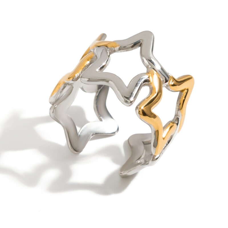 18K Gold Star Ring Two Tone Adjustable Cutout Minimal Style