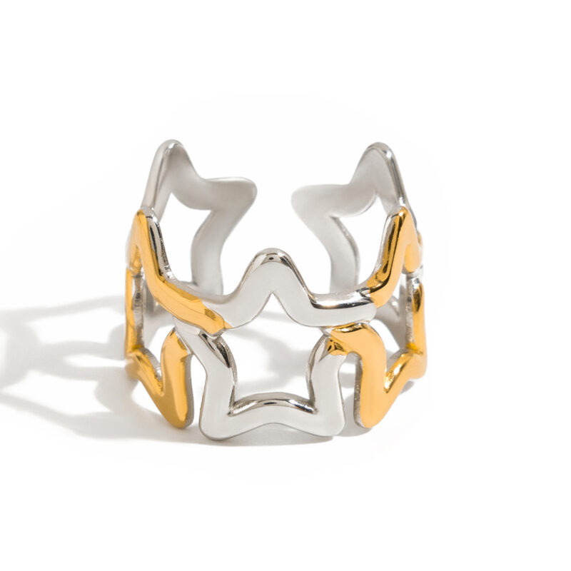 18K Gold Star Ring Two Tone Adjustable Cutout Minimal Style - Image 2